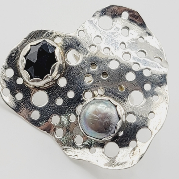 ONYX & PERAL ABSTRACT DESIGN RING HANDMADE IN STERLING SILVER METAL SIZE 8.5 - Picture 3 of 6